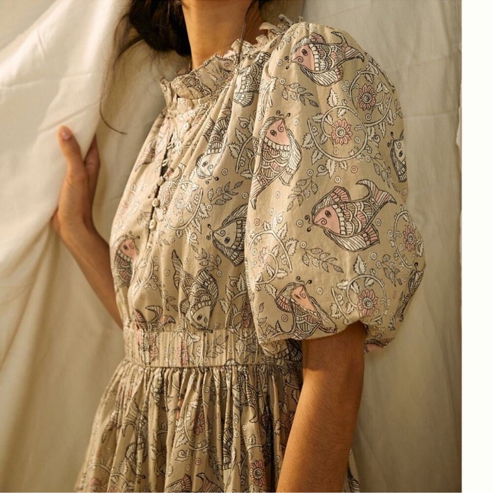 Let Me Be Anthropologie Celeste Fish Print Peasant Puff Sleeves Mini Dress 14 - Picture 2 of 14